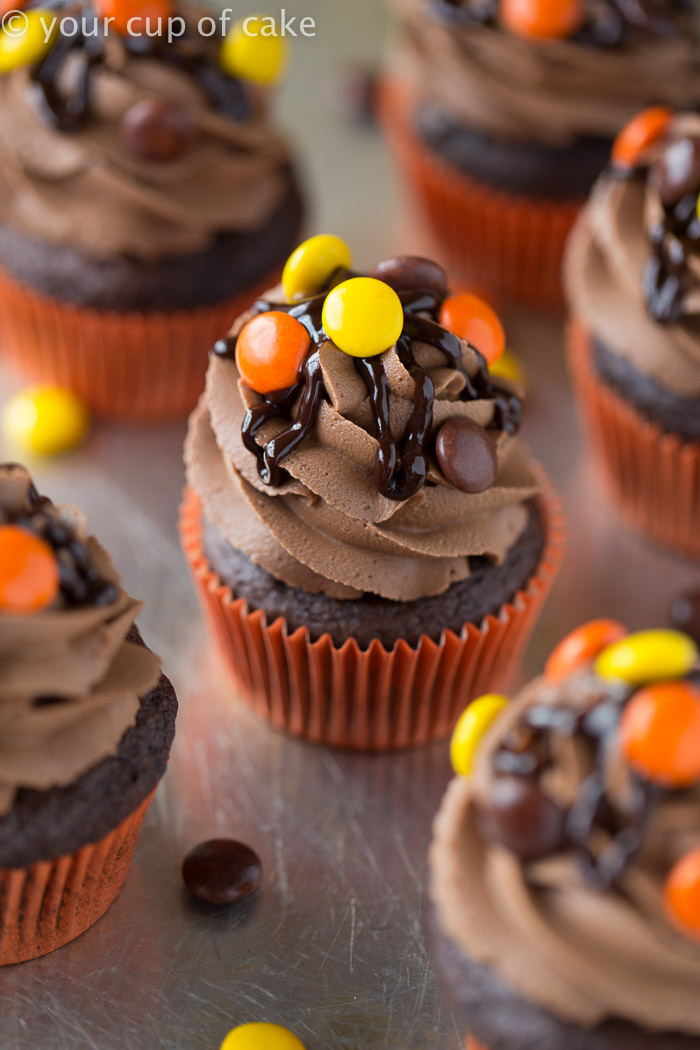 Double Chocolate Reese's Pieces Cupcakes - Your Cup of Cake