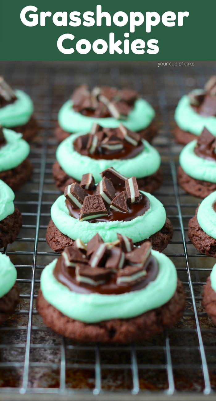 These are SO good! Chocolate Mint Grasshopper Cookies with chocolate ganache and Andes Mints on top!