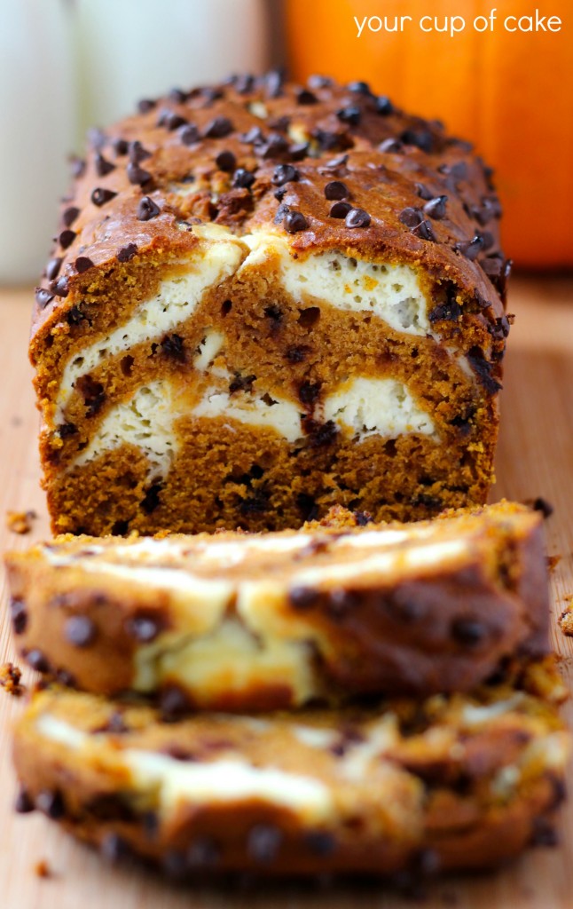 Pumpkin Bread with chocolate chips and cream cheese swirl