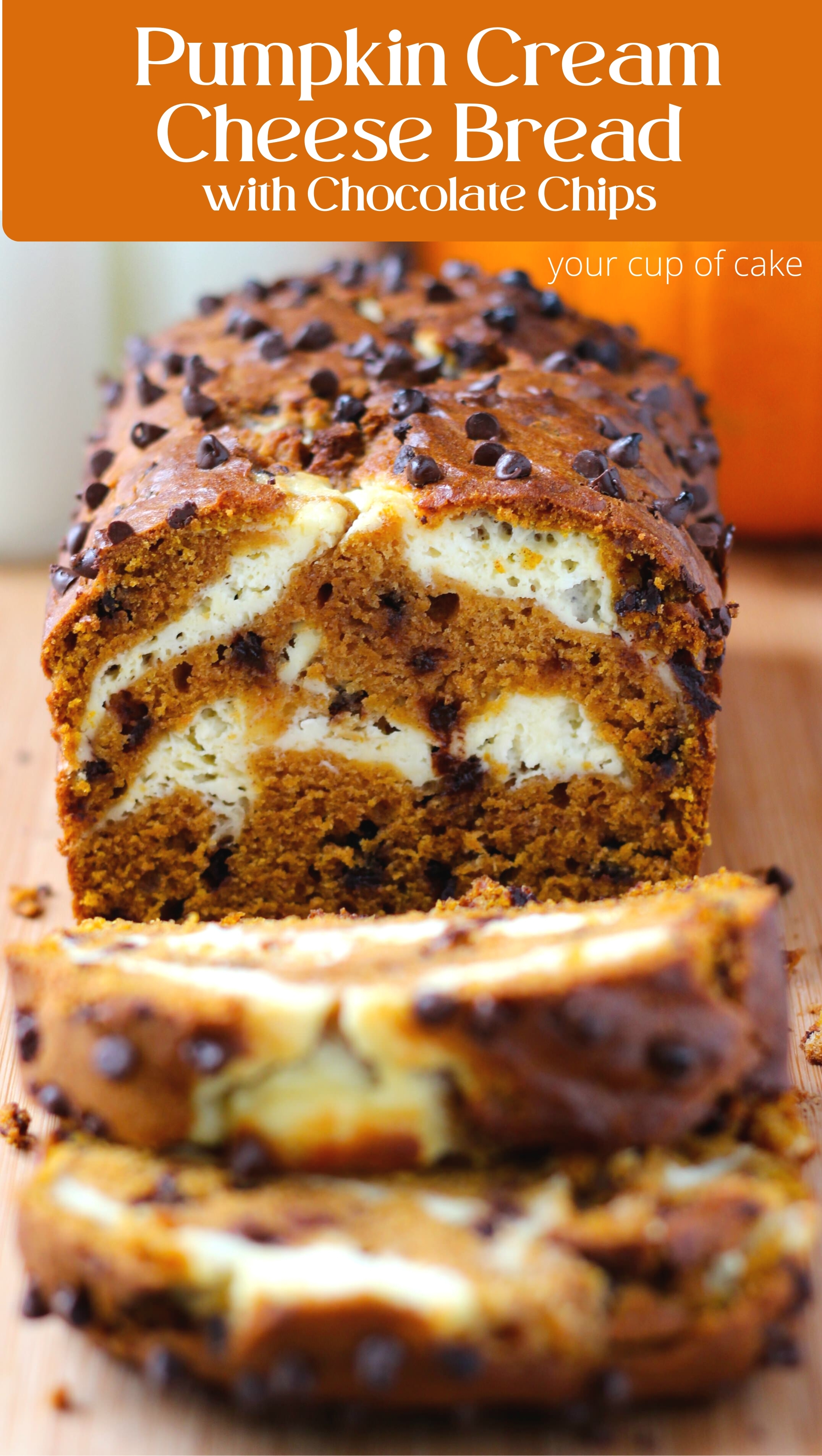 Pumpkin Chocolate Chip Bread with Cream Cheese Swirls - Drive Me Hungry