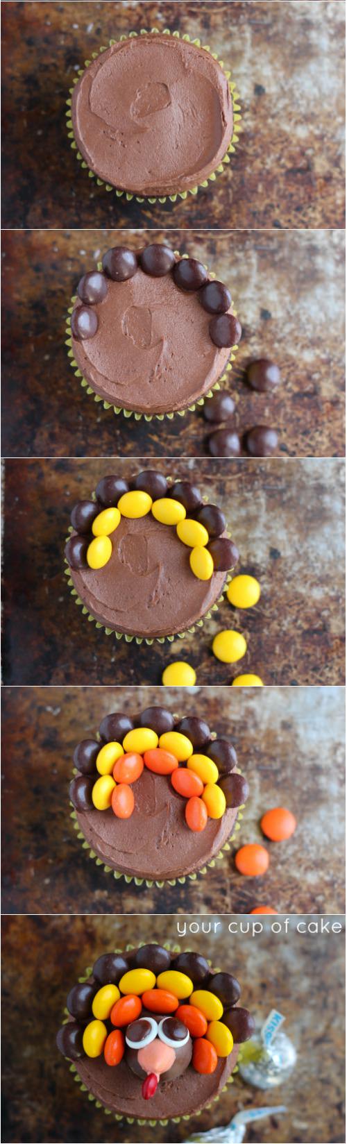They just look like adorable little turkeys these turkey cupcakes are chocolatey and have some reese's pieces as the feathers, so it's the perfect decorating activity! Decorating Thanksgiving Cupcakes - Turkey Cupcakes - Thanksgiving Cupcake Decorating - Your ...