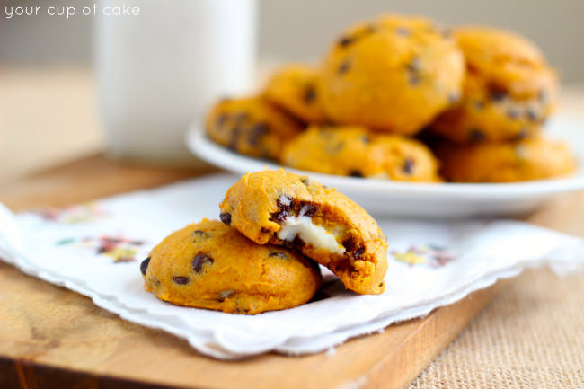 Pumpkin Chocolate Chip Cookies Stuffed with Cream Cheese