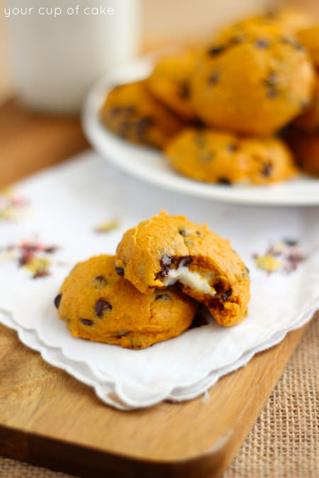 Pumpkin Chocolate Chip Cookies with Cream Cheese centers