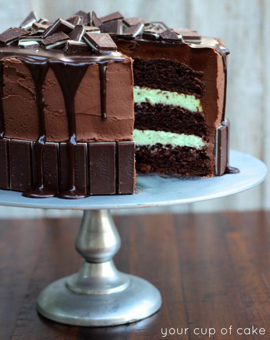 Andes Mint Cake dripping in chocolate sauce and made with a cake mix!