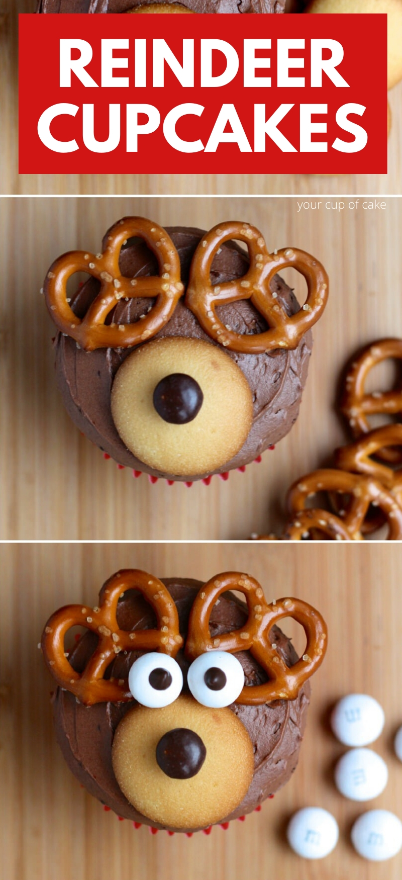 How to make Reindeer Cupcakes for Christmas.  SO easy and adorable. Use a red M&M to make them Rudolph Cupcakes! 