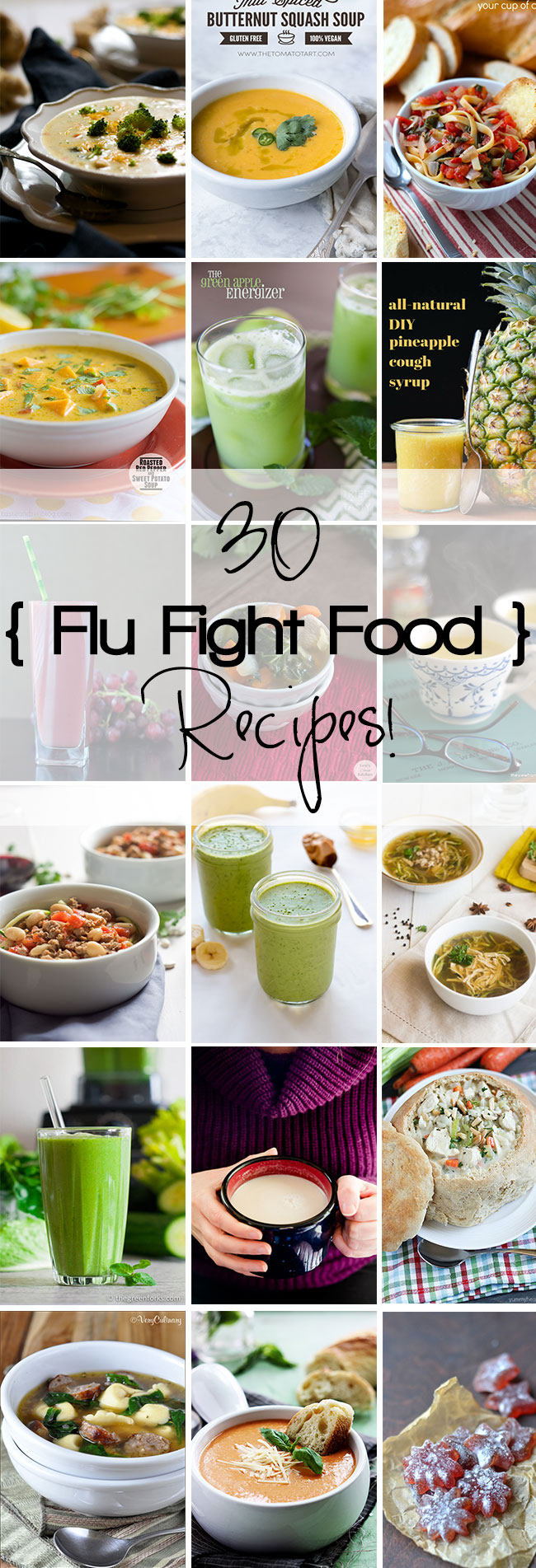 30 Flu Fighting Food Recipes to make you feel better inside and out! Everything from creamy chicken noodle soup to nutrient rich green smoothies!