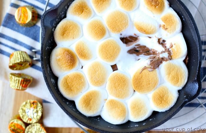Reese's Cup S'mores dip with only 3 ingredients!  I'm obsessed with this chocolate peanut butter goodness! 