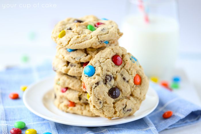 Chewy M&M Cookies baked with oatmeal and chocolate chips. These are perfect for after school or a long day at work! 