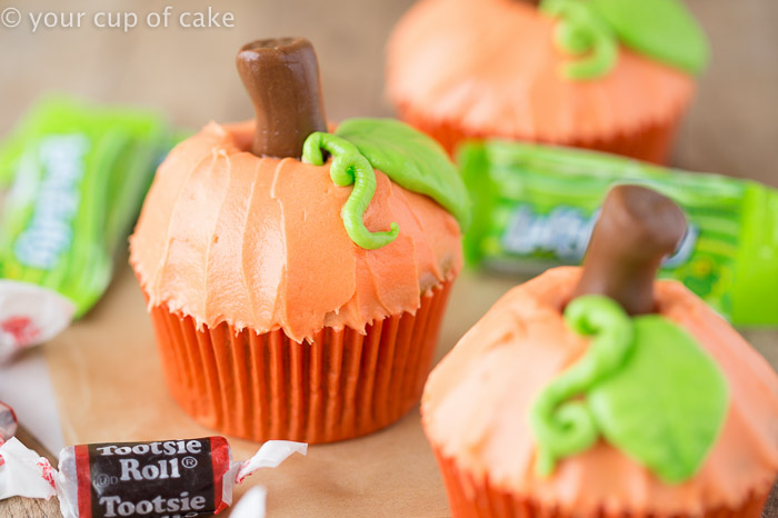 Pumpkin Patch Cupcakes make with Tootsie Rolls and Laffy Taffy! Such a fun Halloween idea for kids! 