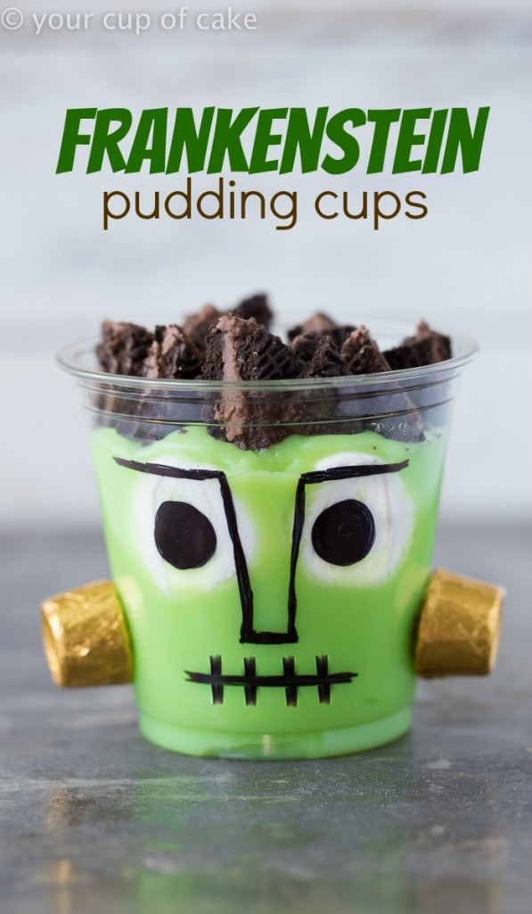 Frankenstein Pudding Cups using banana pudding, Oreos and Rolos!  So cute and perfect for the kids! 