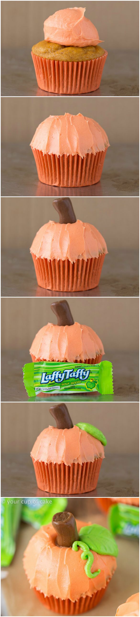 Pumpkin Patch Cupcakes make with Tootsie Rolls and Laffy Taffy! Such a fun Halloween idea for kids! 
