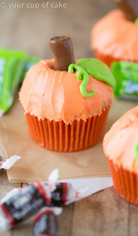 Pumpkin Patch Cupcakes make with Tootsie Rolls and Laffy Taffy! Such a fun Halloween idea for kids!