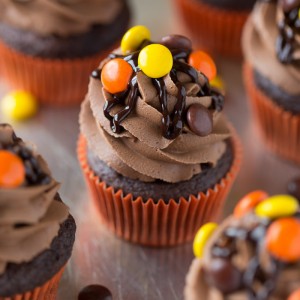 Reese's Pieces Cupcakes with Chocolate Peanut Butter Frosting! Yum!