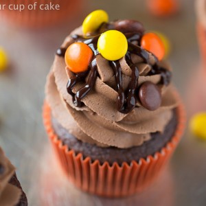 Reese's Pieces Cupcakes with Chocolate Peanut Butter Frosting! Yum!