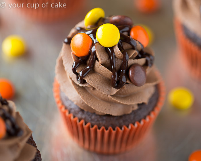 Reese's Pieces Cupcakes with Chocolate Peanut Butter Frosting! Yum! 