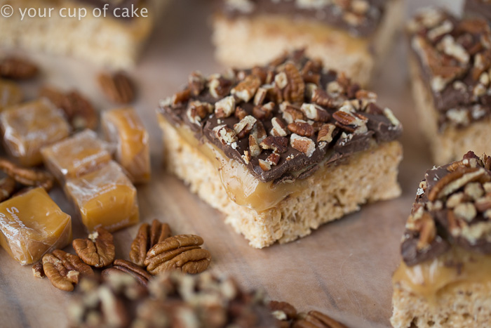 Turtle Rice Krispie Treats with caramel and pecans, yum!
