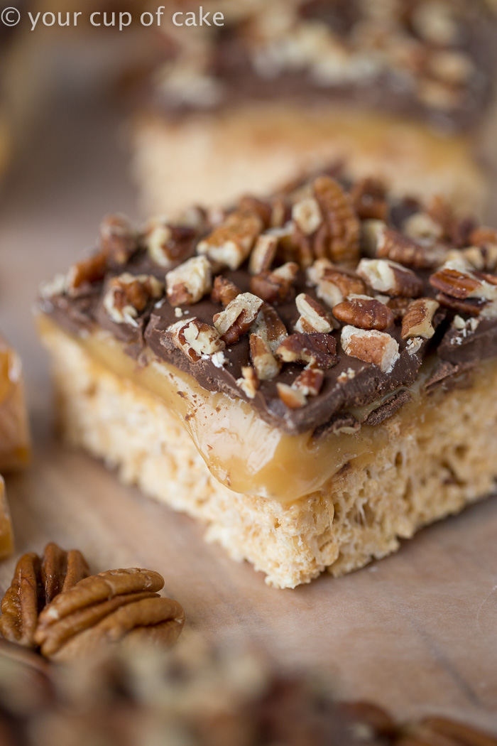 Turtle Rice Krispie Treats with caramel and pecans, yum!