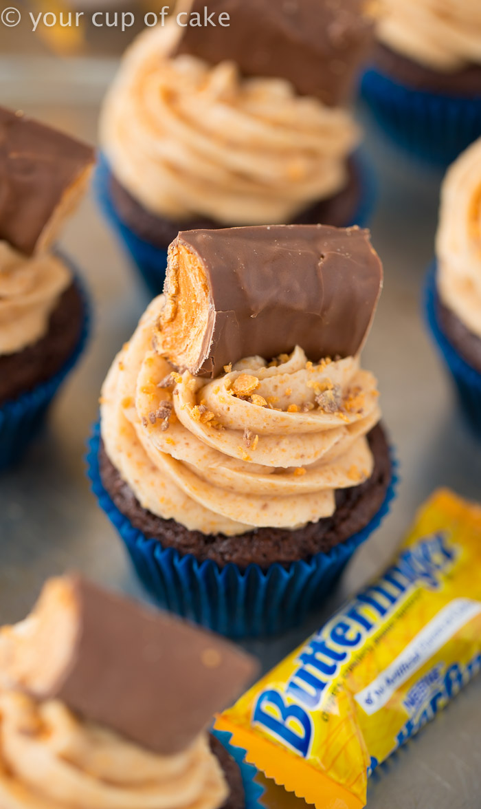 Butterfinger Blizzard Cupcakes!  This recipe is SO GOOD! I just want to eat the frosting on everything!