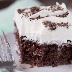Thin Mint Poke Cake recipe, with a layer of hit fudge sauce! LOVED this!