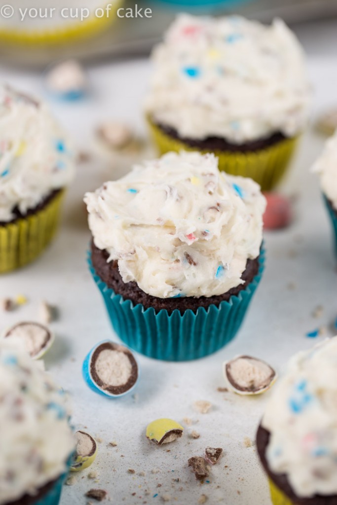 Whopper Egg Cupcakes, an easy recipe perfect for using leftover Easter candy!