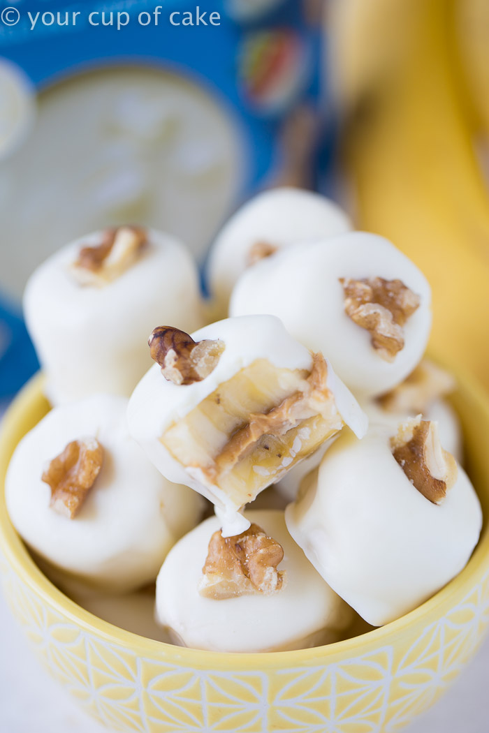Banana Peanut Butter Bites dipped in white chocolate!  Eat them frozen for a perfect and healthy summer treat! 