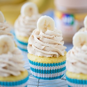 Banana Cupcakes topped with Peanut Butter Maple frosting!