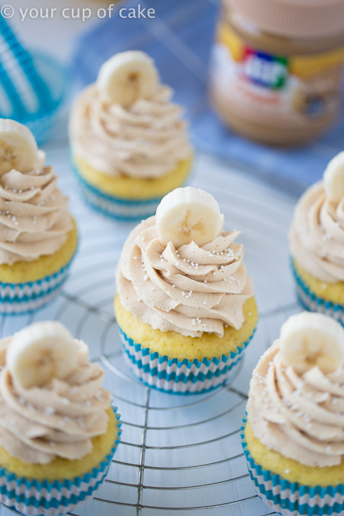 Banana Cupcakes topped with Peanut Butter Maple frosting! 