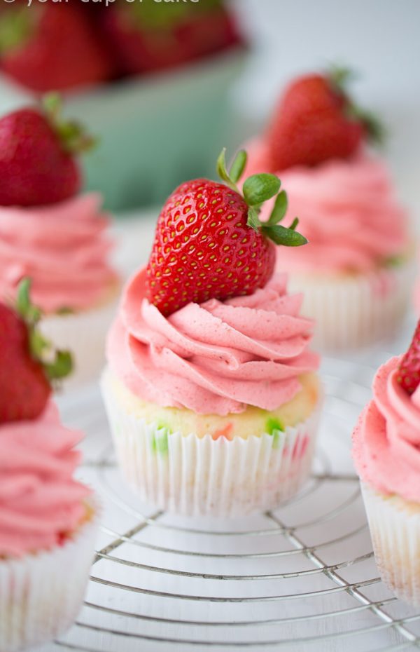 Confetti Cupcakes with Strawberry Frosting! Perfect for baby showers or pink parties!