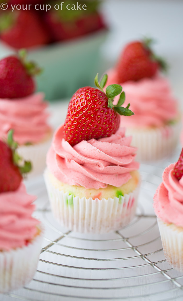 Confetti Cupcakes with Strawberry Frosting! Perfect for baby showers or pink parties! 