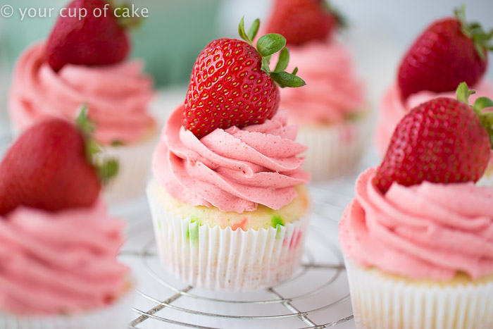 Confetti Cupcakes with Strawberry Frosting! Perfect for baby showers or pink parties!