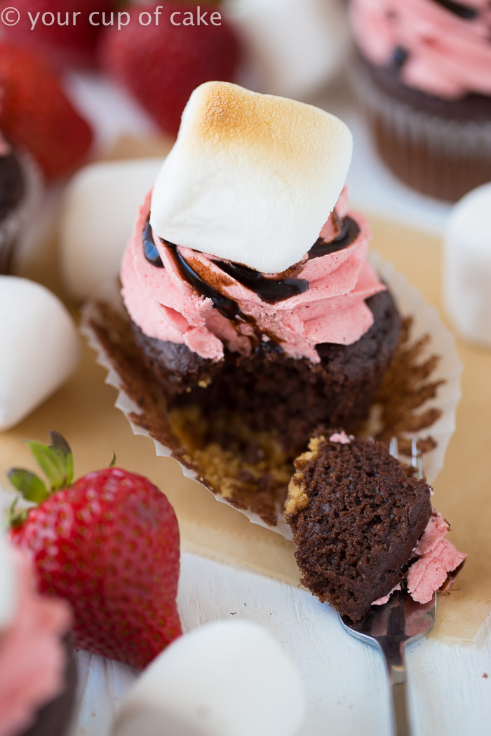 Strawberry S'mores Cupcakes with a big fluffy broiled marshmallow on top!  