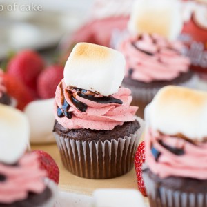 Strawberry S'mores Cupcakes with a big fluffy broiled marshmallow on top!