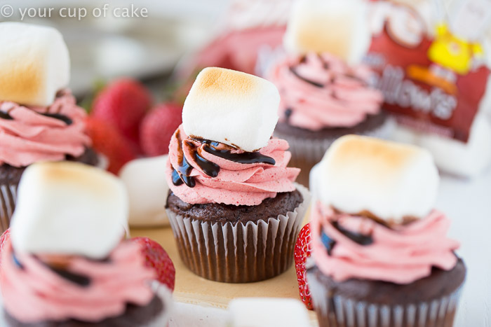 Strawberry S'mores Cupcakes with a big fluffy broiled marshmallow on top!  