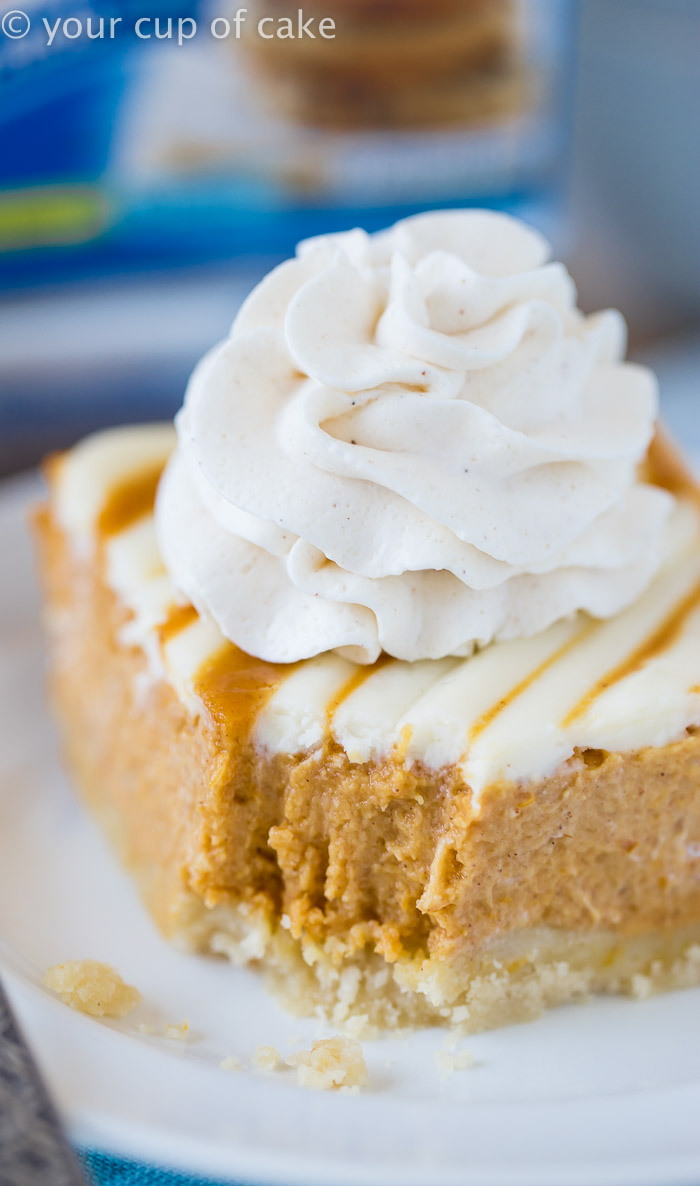 Pumpkin Pie Bars with a Cream Cheese Swirl and a no fuss crust! So easy and perfect for Thanksgiving! 