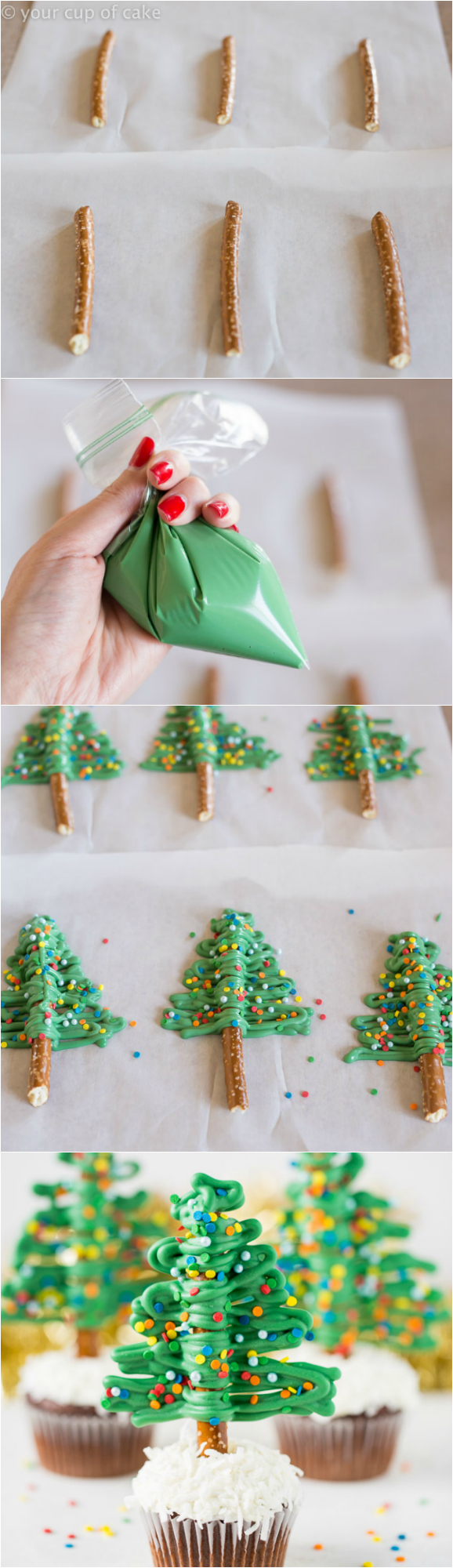 How to make easy Christmas Tree Cupcakes using Pretzels! So fun! 