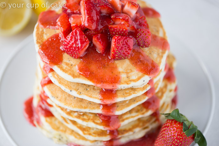 Lemon Almond Poppy Seed Pancakes with Easy Strawberry Syrup! These taste even more amazing than they look! Favorite Recipe!