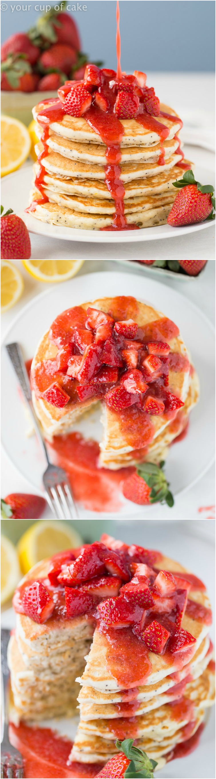 Lemon Almond Poppy Seed Pancakes with Easy Strawberry Syrup! These taste even more amazing than they look! Favorite Recipe!