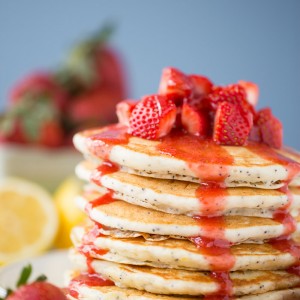 Lemon Almond Poppy Seed Pancakes with Easy Strawberry Syrup! These taste even more amazing than they look! Favorite Recipe!