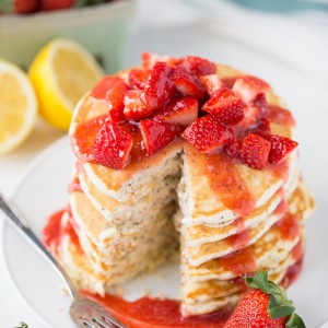 Lemon Almond Poppy Seed Pancakes with Easy Strawberry Syrup! These taste even more amazing than they look! Favorite Recipe!