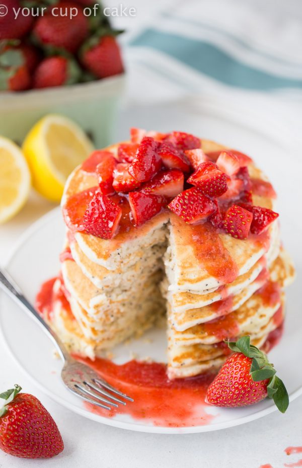 Lemon Almond Poppy Seed Pancakes with Easy Strawberry Syrup! These taste even more amazing than they look! Favorite Recipe!