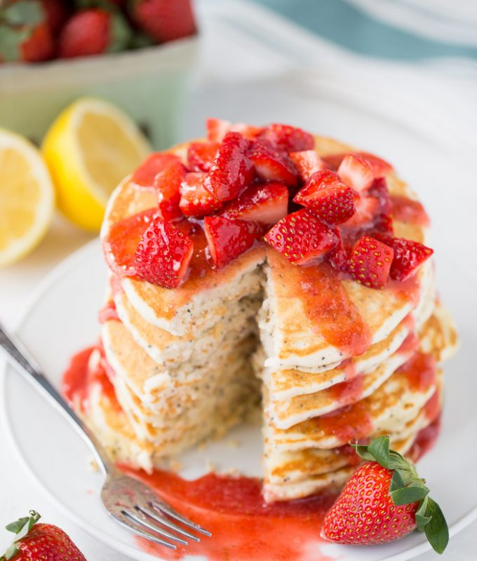 Lemon Almond Poppy Seed Pancakes with Easy Strawberry Syrup! These taste even more amazing than they look! Favorite Recipe!