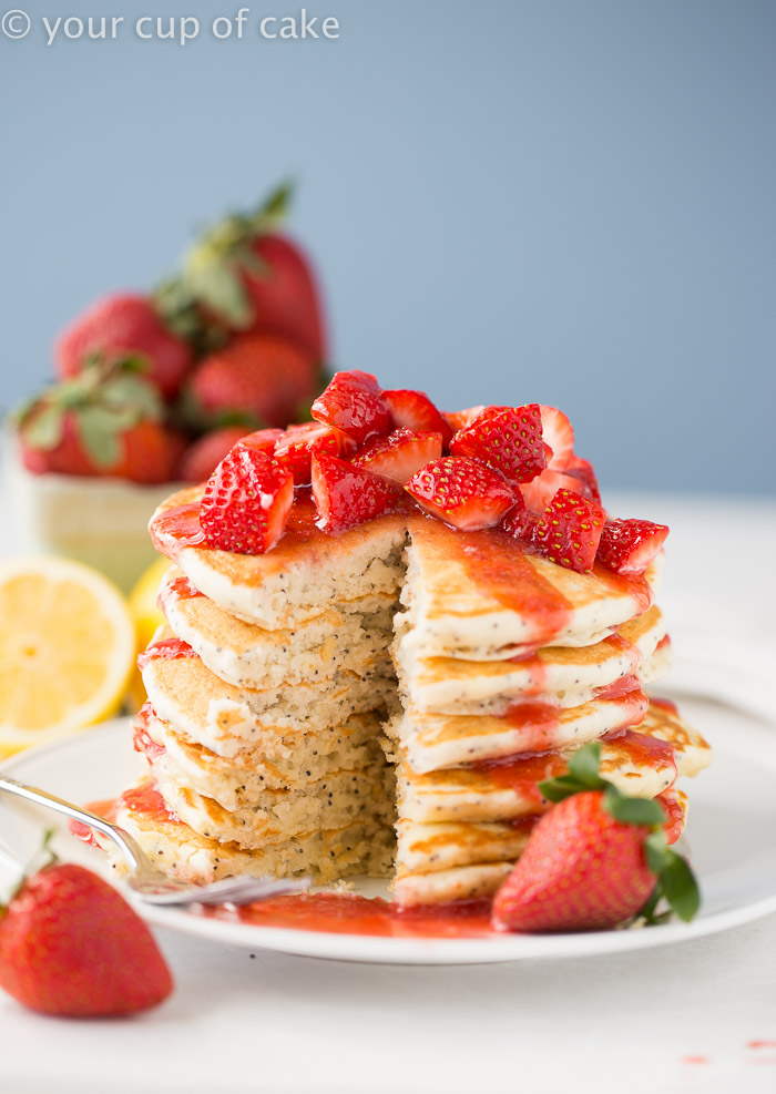 Lemon Almond Poppy Seed Pancakes with Easy Strawberry Syrup! These taste even more amazing than they look! Favorite Recipe!