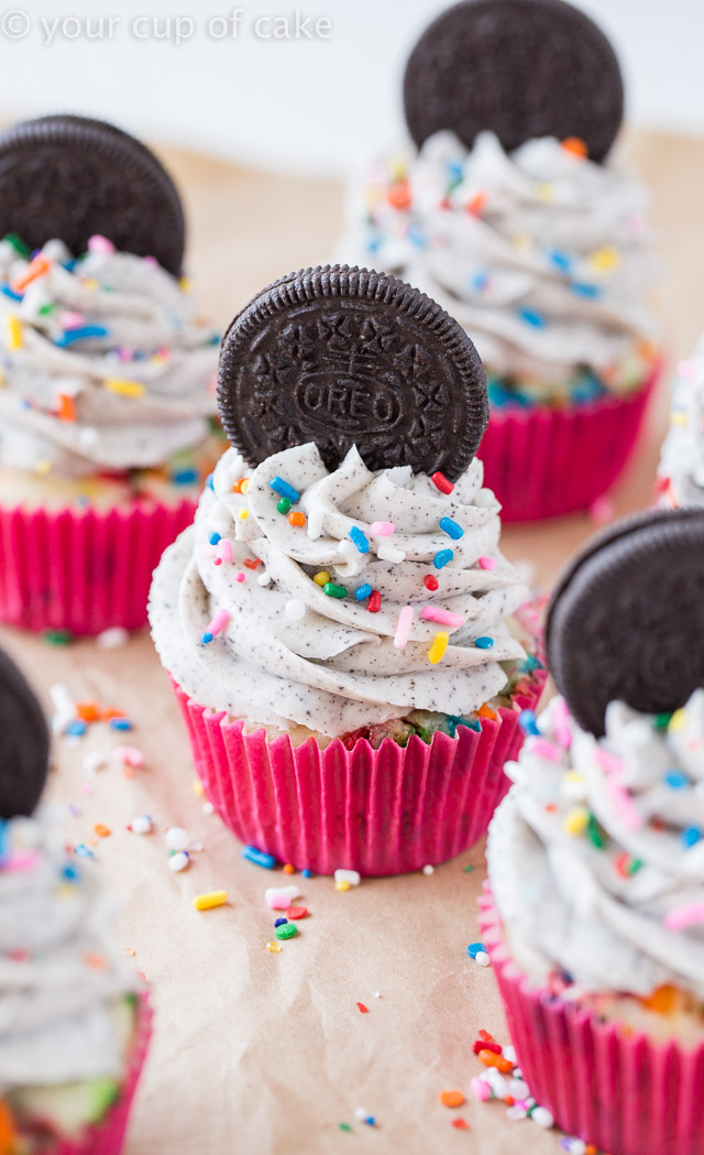 Oreo Funfetti Cupcakes with a scratch and cake mix recipe! Perfect for any party! 