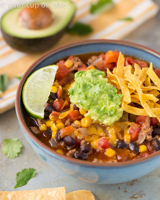 Easy Taco Soup with Guacamole on top