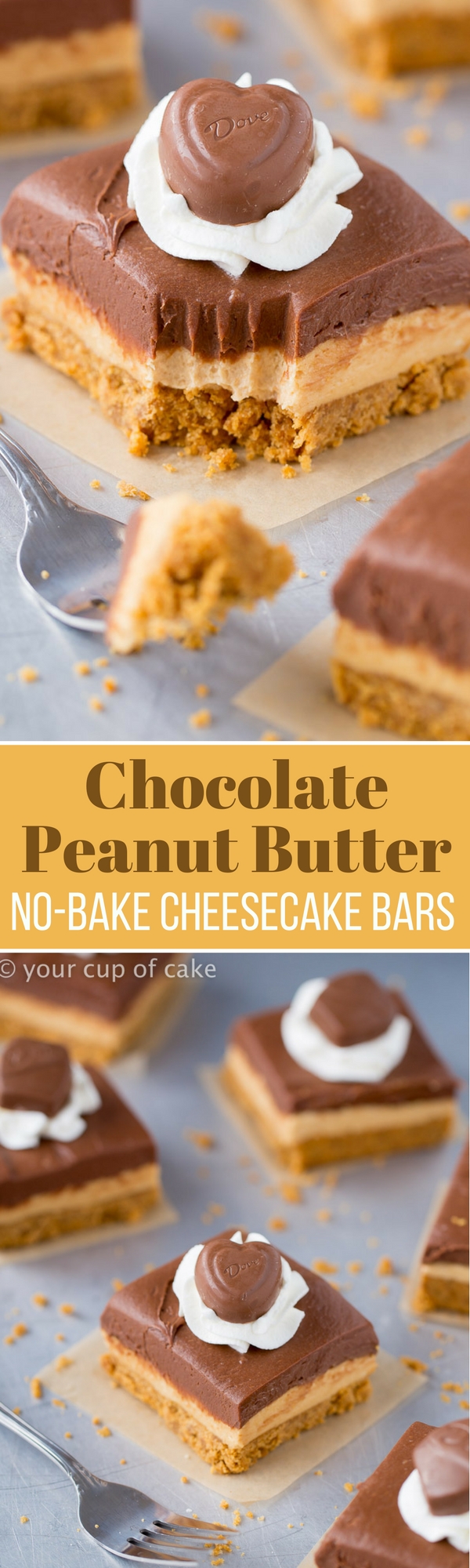 Chocolate Peanut Butter No-Bake Cheesecake Bars, these are SO GOOD! Love this easy recipe!