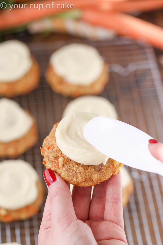 Cream Cheese frosting on Carrot Cake Cookies, so good!