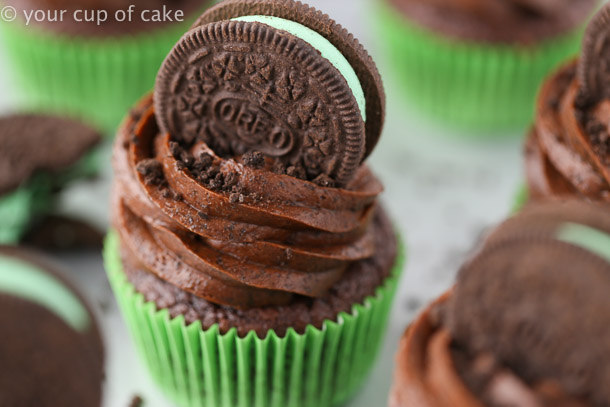 Mint OREO Cupcakes with an Oreo baked on the bottom! And Oreo Cookie frosting! 