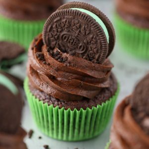 Mint OREO Cupcakes with an Oreo baked on the bottom! And Oreo Cookie frosting!