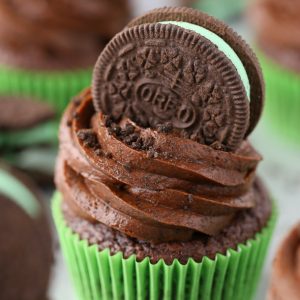 Mint OREO Cupcakes with an Oreo baked on the bottom! And Oreo Cookie frosting!