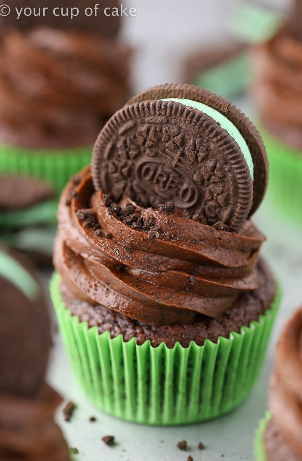 Mint OREO Cupcakes with an Oreo baked on the bottom! And Oreo Cookie frosting!